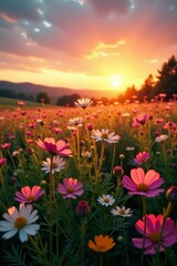 Obraz premium Field of wild flowers in sunset with vintage color filter effect, aged, scenic, summer