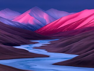 Serene River Winding Through Vibrant Pink and Purple Mountains at Sunset