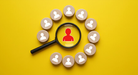 Leader selection idea with red person icon highlighted by magnifier among many white faces in circle