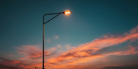 Single modern illuminated street lamp silhouetted against vibrant sunset sky featuring warm orange, pink, and twilight blue hues.