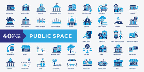 Fototapeta premium Public Space icon set with Post Office, Health Clinic, Hospital, Government Office, Tax Office, Police Station, Bus Station, airport, bank and transportation. Simple flat vector illustration.