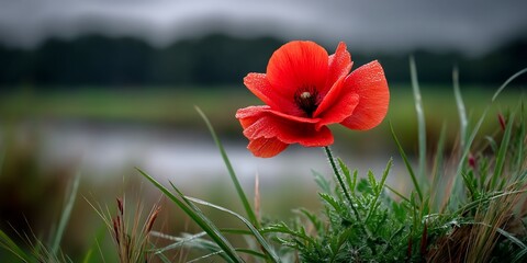 Red Poppy in Grassy Field