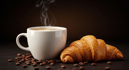 Freshly baked croissant with steaming coffee cup for breakfast time