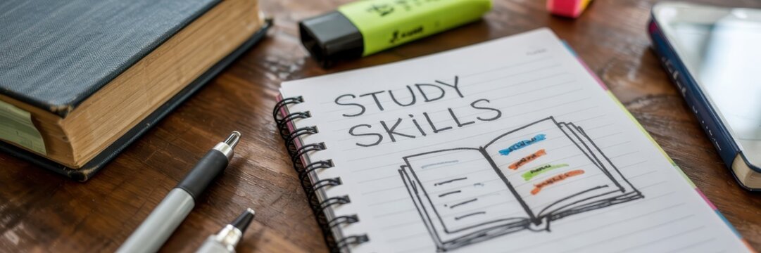 Hand-drawn study skills notebook on wooden table