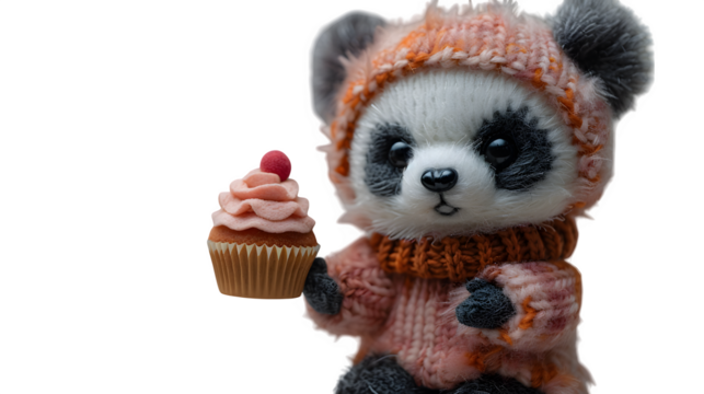 Kawaii panda character holding tiny cupcake made of soft plush fabric, ultra-realistic texture, sharp focus, white background, isolated object, high detail, studio lighting, no shadows