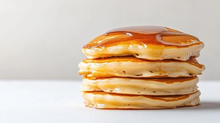 Stack of golden pancakes drizzled with syrup (1)
