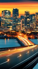 Stunning Long Exposure Night View of City Skyline with Vibrant Lights and Artistic Double Exposure Effects