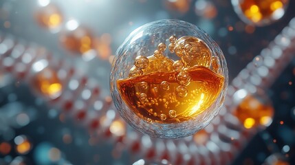 3D - rendered liquid bubble with golden - hued molecules, set against a DNA - inspired background, representing advanced molecular skincare innovation.