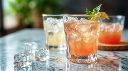 Melting ice cubes in flavored water on elegant marble surface