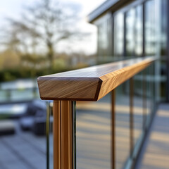 modern detailed focused view on a timber handrail profiled like a triangle on a glass balustrade of a balcony