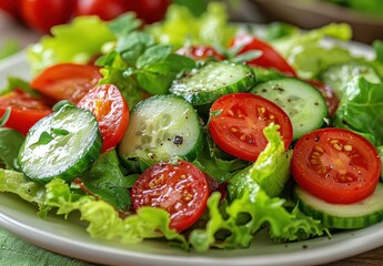 Fresh Colorful Salad with Crisp Lettuce, Juicy Tomatoes, and Sliced Cucumbers Garnished with Herbs on a Plate