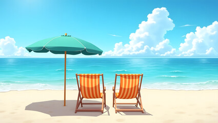 Two striped beach chairs and umbrella facing the ocean on a sunny tropical beach with blue sky and clouds, AI generative