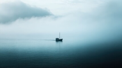 Fototapeta premium Solitary Vessel in Misty Seascape: A Tranquil Ocean Scene