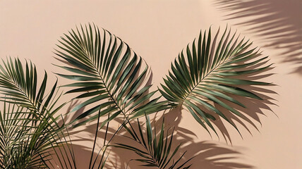 Green palm leaves and their artistic reflections on the cream wall.