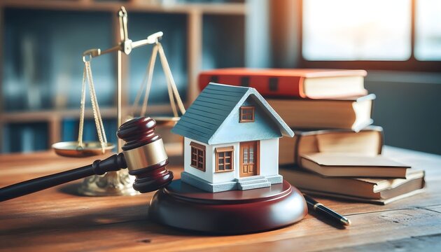 Real estate legal scene with gavel, small house model on a wooden table, blurred legal books, and scale of justice in the background, commercial photo style