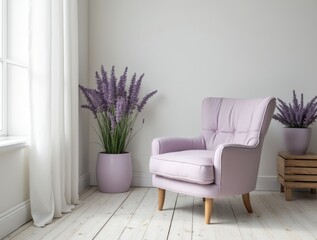 Naklejka premium Reading corner in light Provence style: pastel lavender armchair, whitewashed wooden floors, white curtains, lavender pots. Bright and gentle interior
