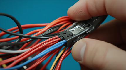 Hand Holding a Connector with Multicolored Wires