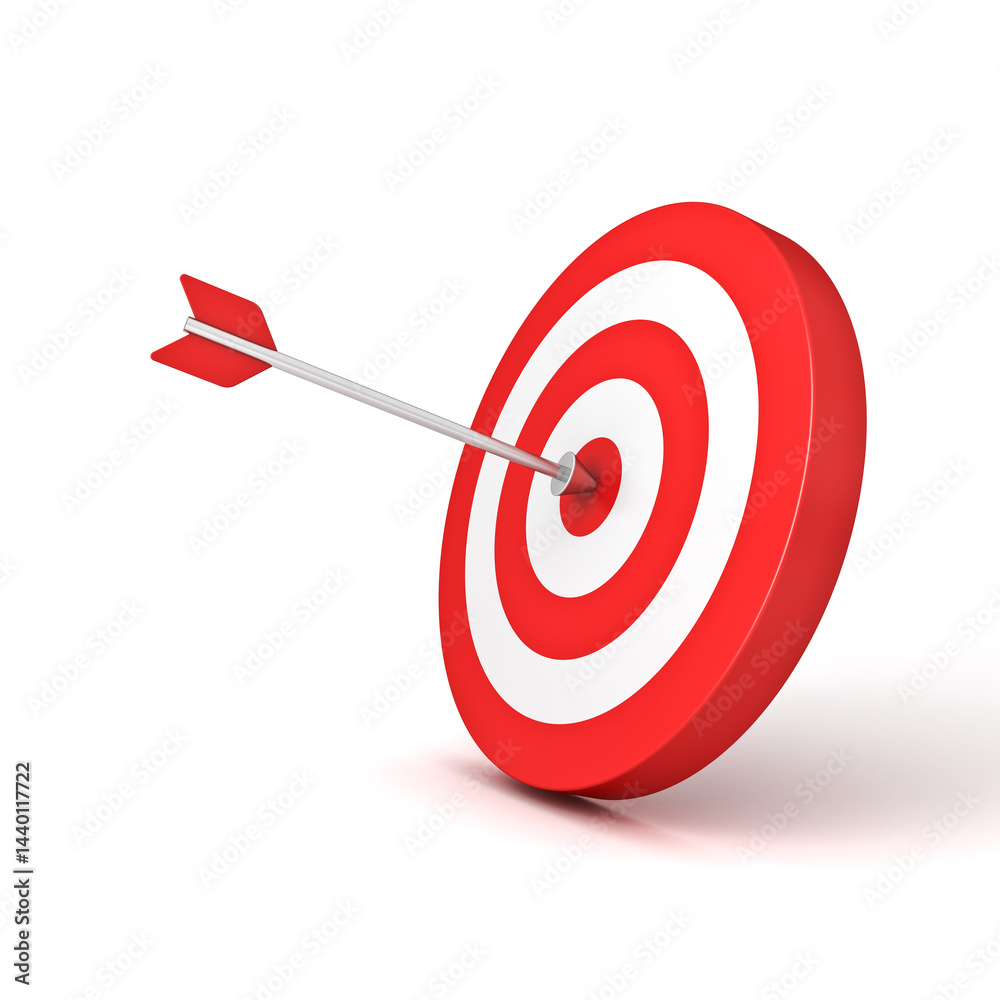 Leinwandbilder Red arrow hit to the center of goal target dartboard isolated on white background with shadow the business creative idea concepts 3D rendering