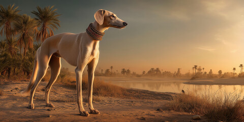 Saluki dog stands gracefully by serene riverbank
