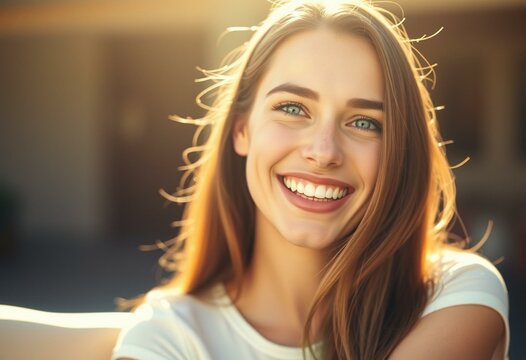 Photorealistic portrait of a laughing young woman in sunlight