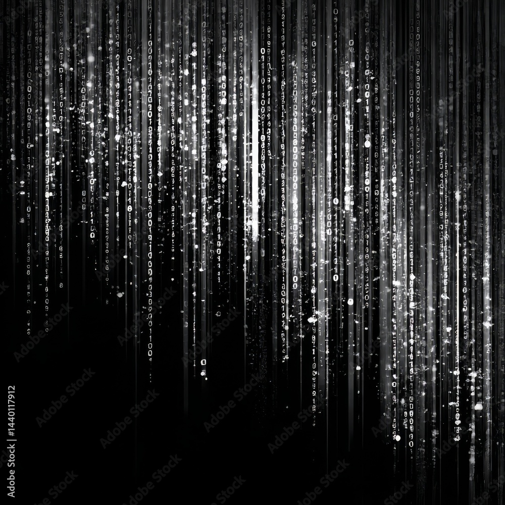 Aufkleber Digital Rain: Monochrome Binary Code Cascade on a Black Backdrop, Creating a Glitchy Matrix Effect