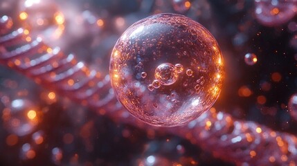 3D - rendered transparent bubble with molecular components in warm tones, on a DNA - themed backdrop, highlighting molecular beauty technology.