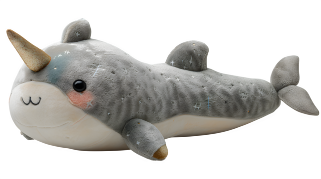 Narwhal character with sparkly horn and blushing cheeks made of soft plush fabric, ultra-realistic texture, sharp focus, white background, isolated object, high detail, studio lighting, no shadows