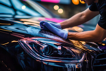 A man cleaning car with microfiber cloth, car detailing (or valeting) concept. Car wash background.