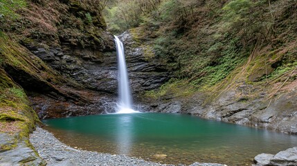 Naklejka premium Serene waterfall cascading into a vibrant green pool, nestled within lush forest
