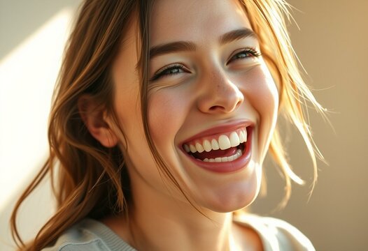 Photorealistic portrait of a laughing young woman in sunlight