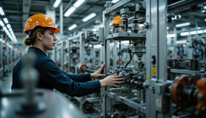 Worker performing maintenance on production machinery in factory setting, showcasing focus and precision in modern industrial environment