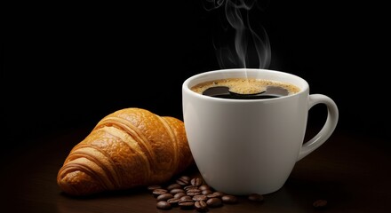 Freshly baked croissant and steaming cup of coffee against dark backdrop
