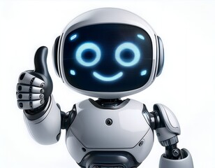 White robot with glowing blue digital eyes gives a thumbs-up against white, suggesting upbeat AI positivity, futuristic companionship, and playful technological optimism in a clean, minimalist style