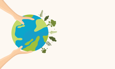 Earth globe with helping hand and plants