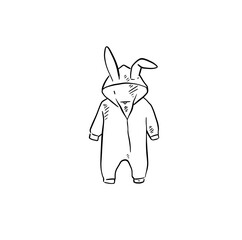 A babygrow, onesie with rabbit bunny ears, jumpsuit for kids, hand drawn in black.