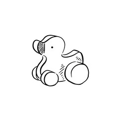 A wooden duck toy for children, hand drawn in black and white. 