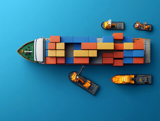 Vector design of a European port authority overseeing cargo ships, cranes, and container movement