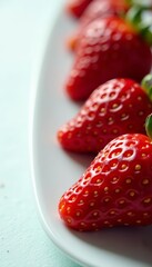 Fresh strawberries arranged in a row, focus on one berry, collection, isolated, white background