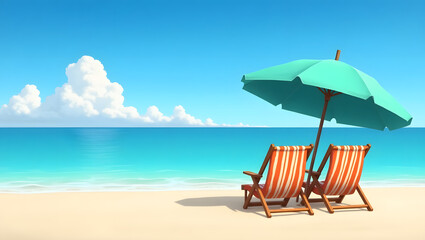 Two striped beach chairs and umbrella facing the ocean on a sunny tropical beach with blue sky and clouds, AI generative