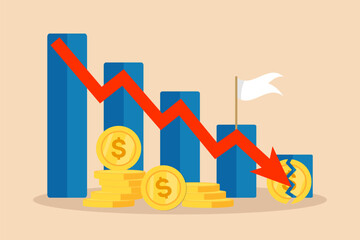 Financial crisis vector illustration with red arrow, broken coin, concept of recession, inflation, currency depreciation, market crash, bankruptcy, budget deficit, stock crisis, and economic downturn.