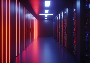 Fototapeta premium Futuristic data center corridor with glowing red and blue neon lights reflecting on sleek server racks, ideal for technology promotions, cybersecurity ads, and innovation themes