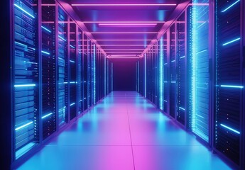 Fototapeta premium Futuristic data center corridor glowing with bright pink and blue neon lights, ideal for cloud technology marketing, cybersecurity promotions, and innovative tech projects