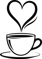 Minimalist Black and White Coffee Cup Heart Steam Vector