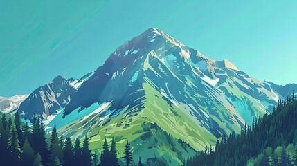 Mountain landscape with green grass and blue sky with clouds at sunset ,Beautiful mountain landscape with green meadow and snow-capped peaks