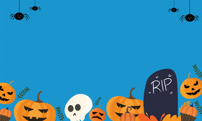 Blue Halloween Illustration with RIP Gravestone and Ghost