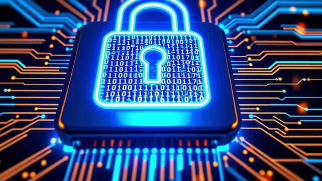 Digital padlock symbolizing cybersecurity, surrounded by binary code and circuit patterns, representing data protection