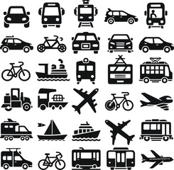 Create a Transportation, vehicle icon set. Vector glyph pictograms of travel, logistics, public transit concepts, car, train, bus, bicycle, boat, and airplane black silhouette illustration. vector art