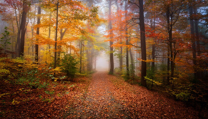 Fototapeta premium autumnal forest path misty scene vibrant colors