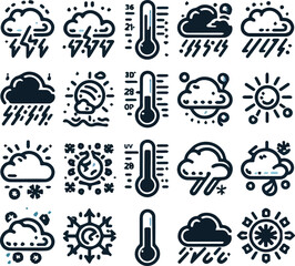 Create a Weather, Climate line icon set. Vector pictograms of storm, rain, thunderstorm, snow, hurricane forecast, UV index, hail, thermometer thin linear illustration. vector art white background.