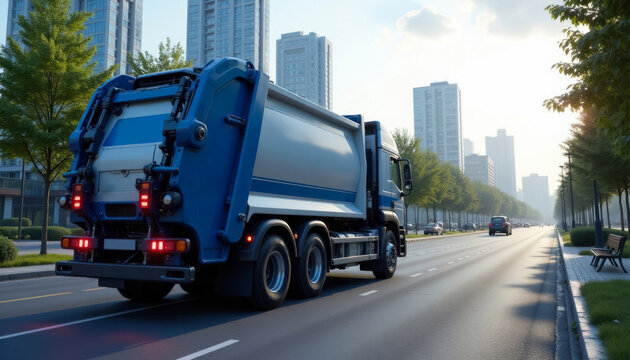 modern blue city garbage truck driving along city street, waste recycling concept